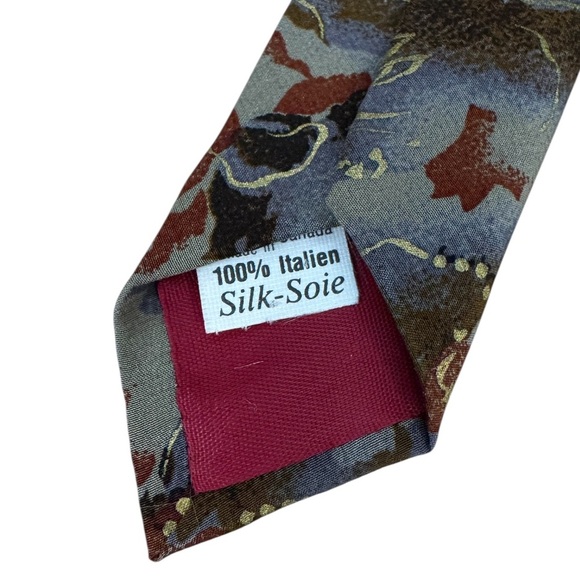 OSCAR de la RENTA - Men’s Silk Patterned Vintage Tie, Grey/ Red/ Gold/ Brown - Picture 3 of 4